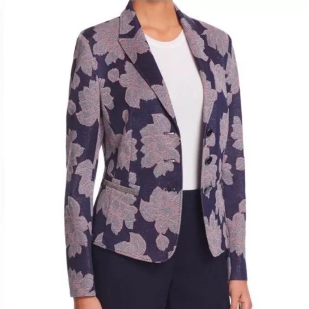 Basler Navy Blush Gray Metallic Silver Knit Blazer Floral Unlined Size 38 Medium